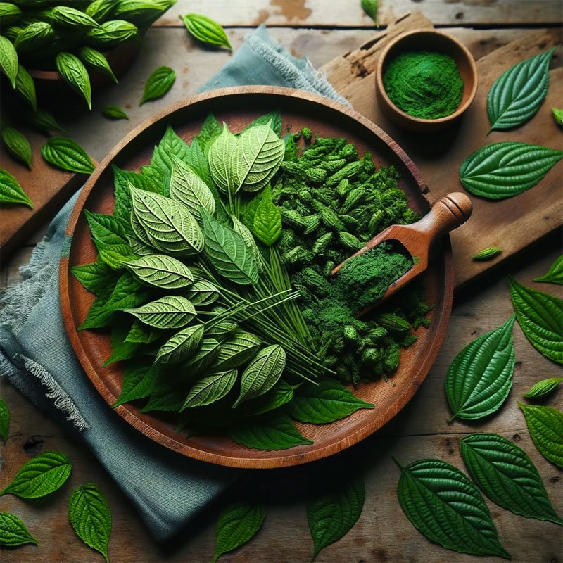 Photo of freshly picked henna leaves arranged neatly on a wooden table, with some of the leaves crushed to reveal the green paste inside