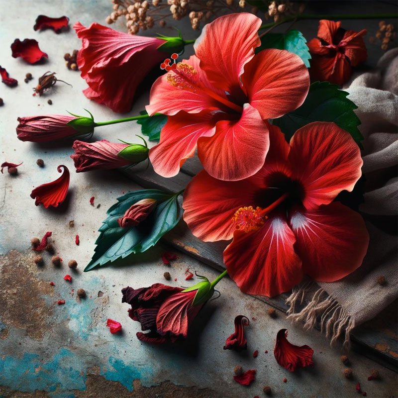 Photo of vibrant red hibiscus flowers in bloom, placed against a rustic background, with dried petals scattered around