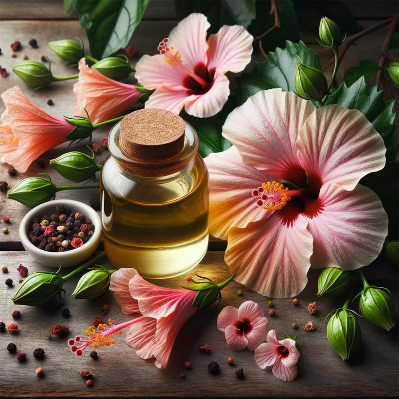 Photo of hibiscus flowers in various stages of bloom, from buds to fully opened, with a glass jar filled with hibiscus-infused oil beside them
