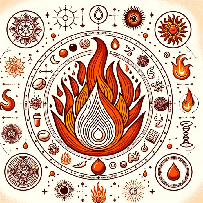 Illustration of a 'Pitta Dosha' symbol, depicted as a fiery element, surrounded by symbols of its attributes like heat, metabolism, and transformation