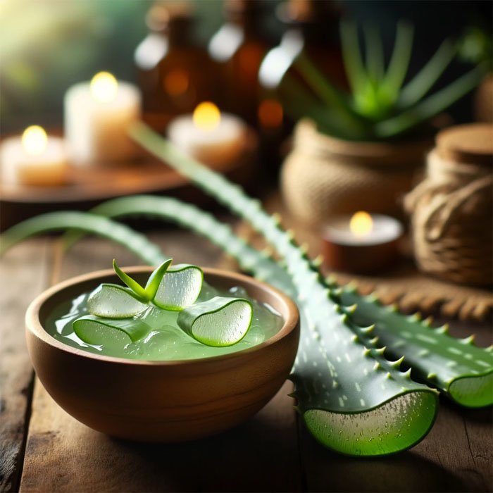 Photo of a bowl filled with fresh aloe vera gel, placed next to aloe vera leaves, on a wooden table with an ambient background hinting at Ayurvedic pr