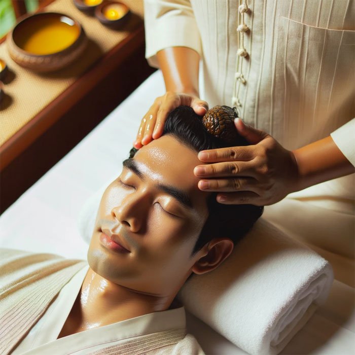 Photo of a person receiving a traditional Ayurvedic oil massage on their scalp, with a serene expression, in a calming spa environment