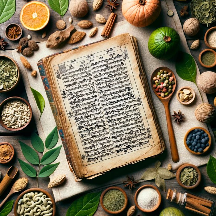 Photo of an ancient Ayurvedic manuscript with Sanskrit writings, surrounded by various Ayurvedic herbs and ingredients like amla, bhringaraj, and curr