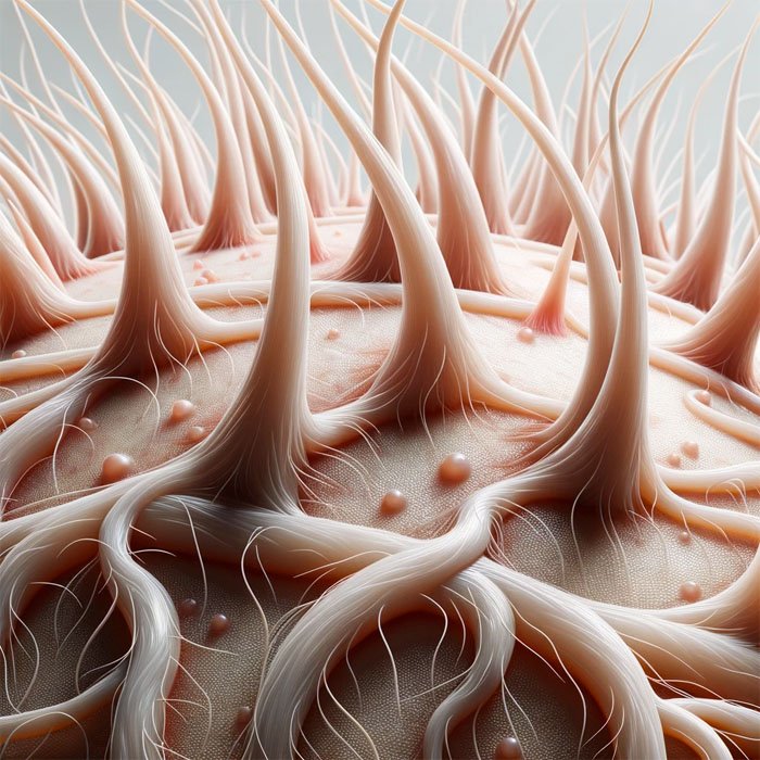 Realistic photo of a close-up view of a healthy human scalp, showing hair roots, follicles, and smooth skin surface