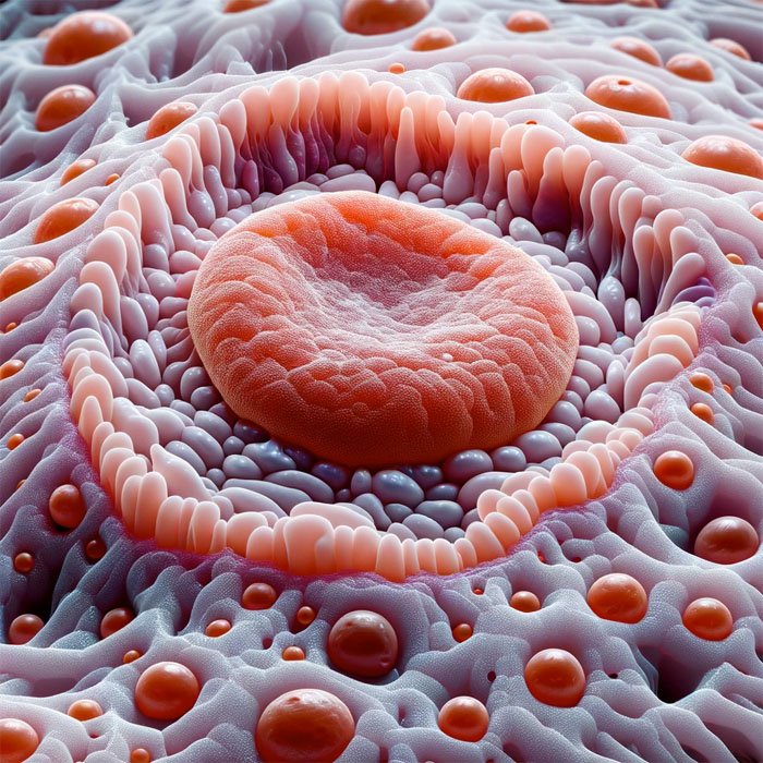 Realistic photo of a melanocyte under a microscope, showing its detailed morphology within human skin