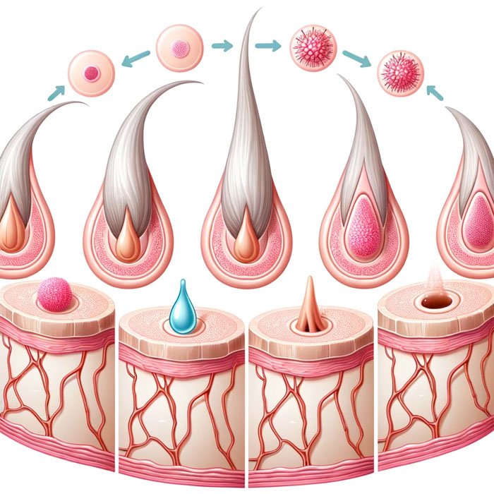 Vector representation of the lifecycle of a hair follicle, visually showing the stages from growth to graying